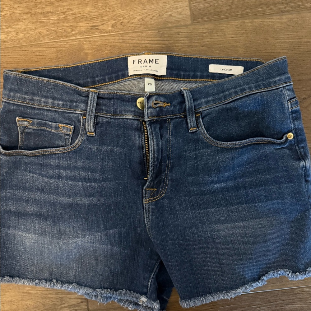 Frame Denim Le Cutoff Blue Distressed Raw-Edge Shorts